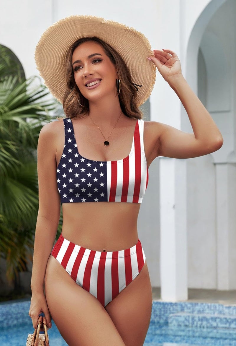 Pink Queen Women's Crop High Waisted Cheeky USA American Flag 2Pcs Bikini Set S - Image 3